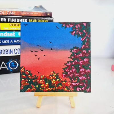 Flying Birds Cherry Blossom Sunset Original Acrylic Art - Handmade Mini Canvas Painting