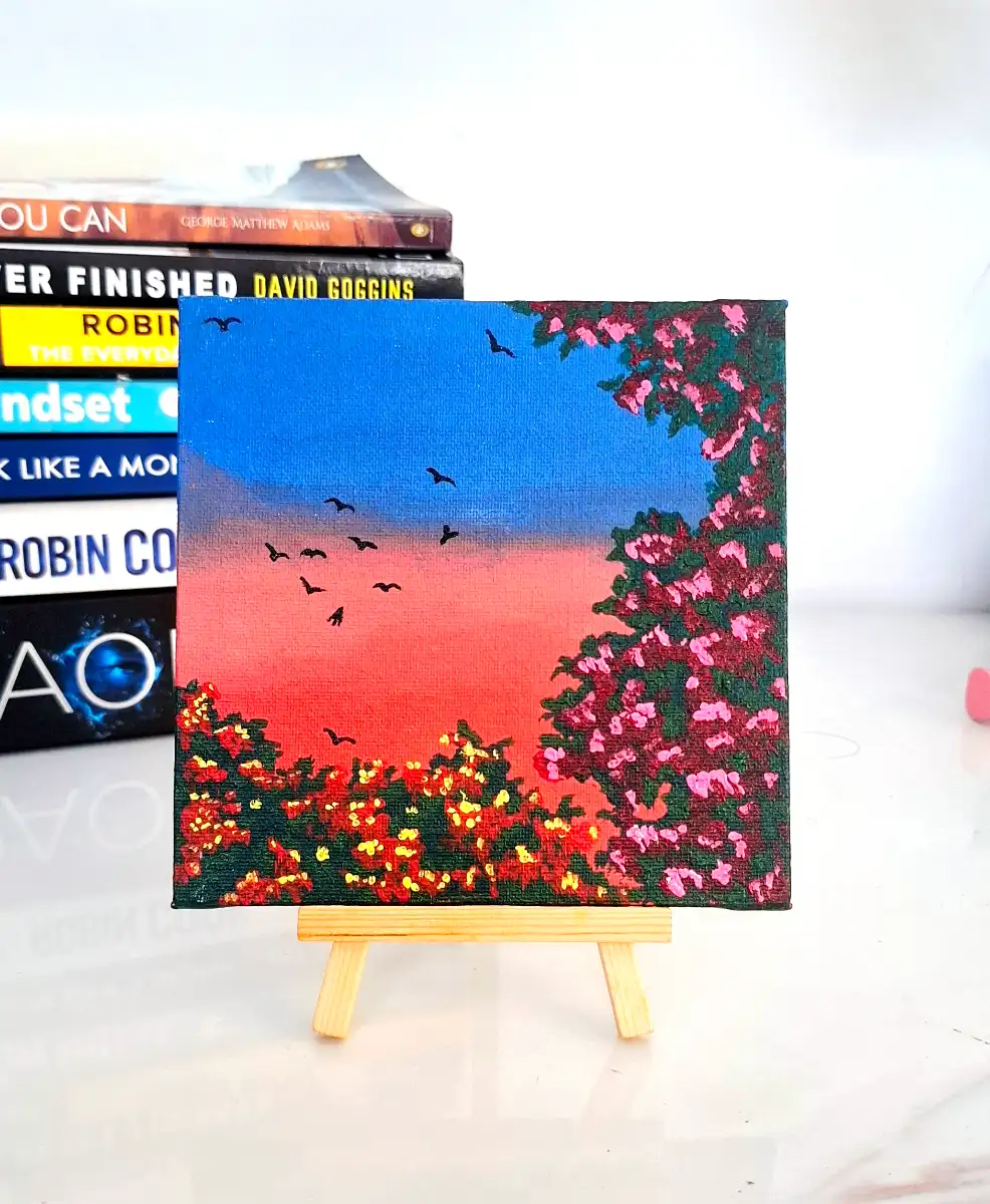 Flying Birds Cherry Blossom Sunset Original Acrylic Art - Handmade Mini Canvas Painting
