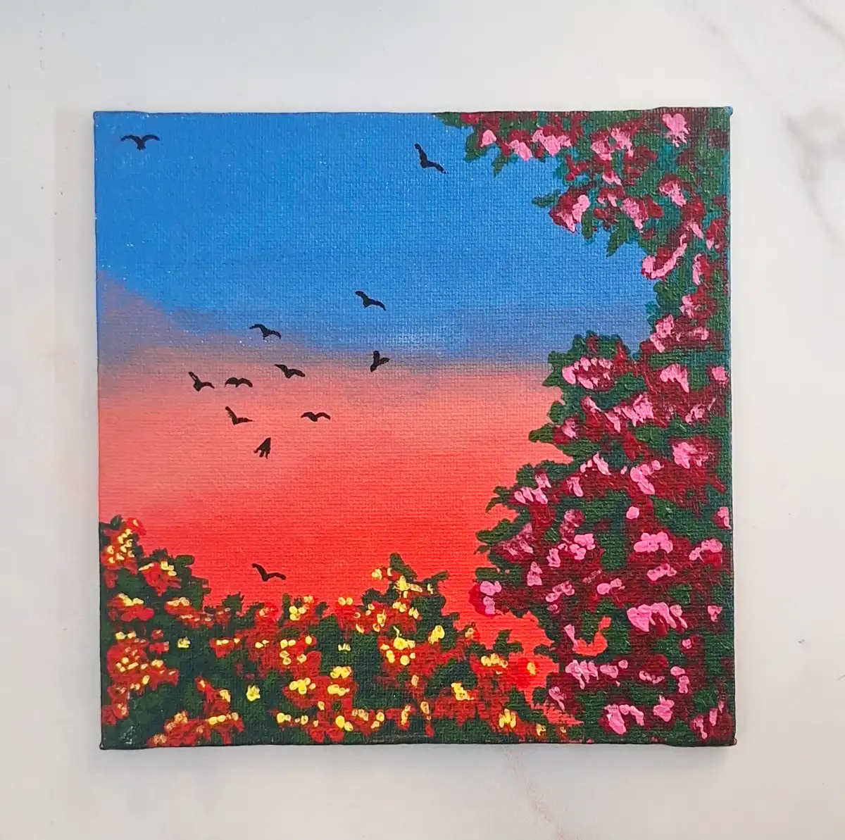 Flying Birds Cherry Blossom Sunset Original Acrylic Art - Handmade Mini Canvas Painting