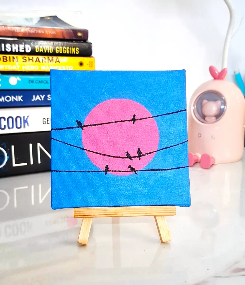 Mini Birds on Wire Sunset - Mini Canvas Painting