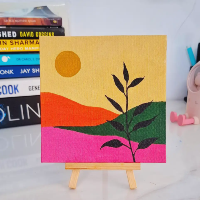Plant Silhouette Sunset Landscape (Bohemian) Art - Small Canvas Painting with Easel