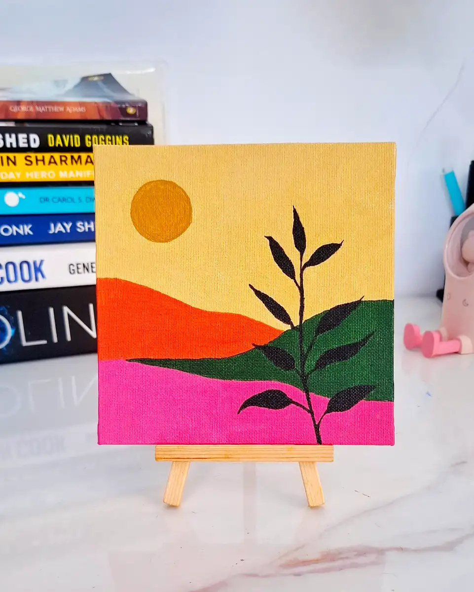 Plant Silhouette Sunset Landscape (Bohemian) Art - Small Canvas Painting with Easel