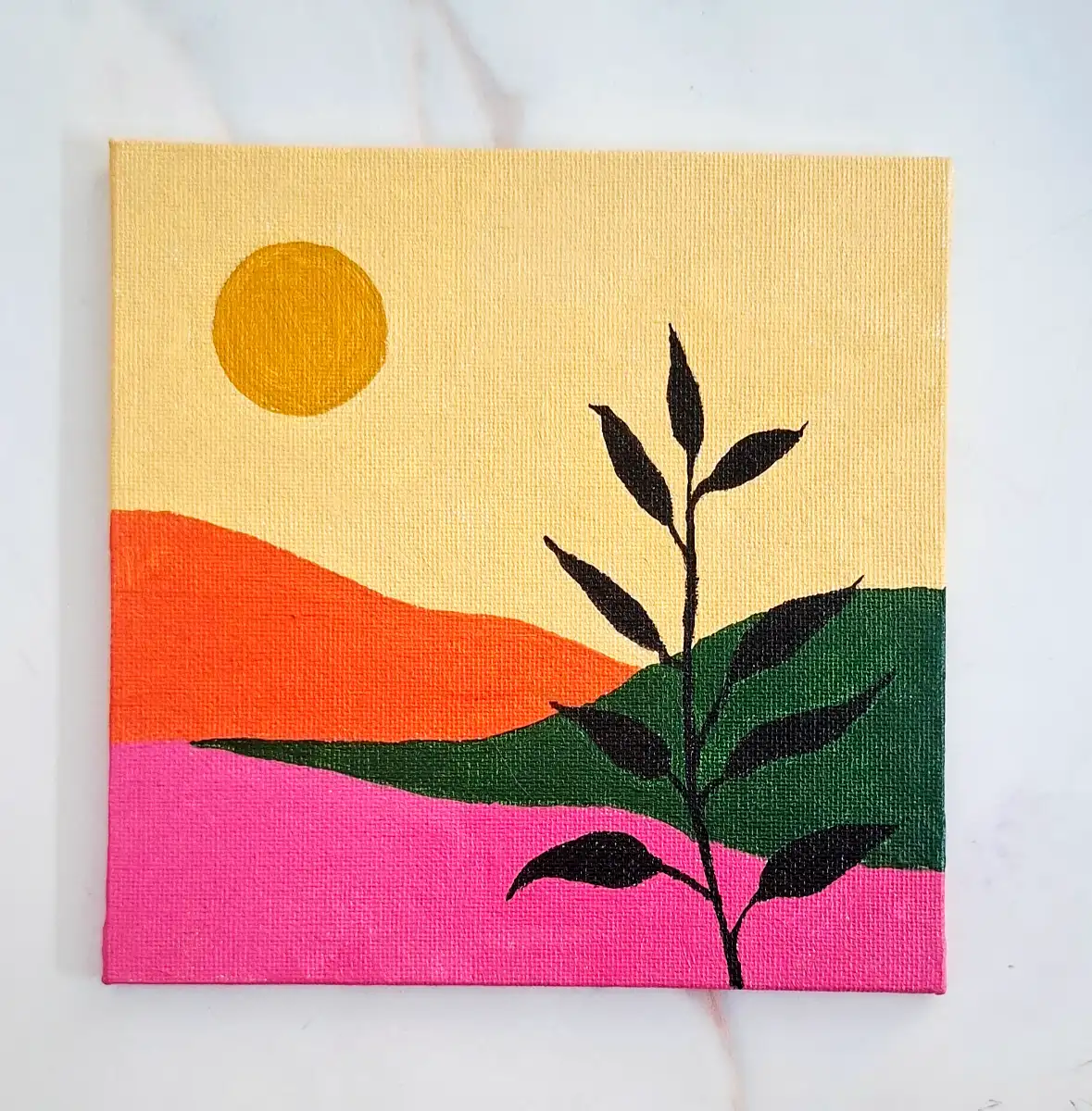 Plant Silhouette Sunset Landscape (Bohemian) Art - Small Canvas Painting with Easel
