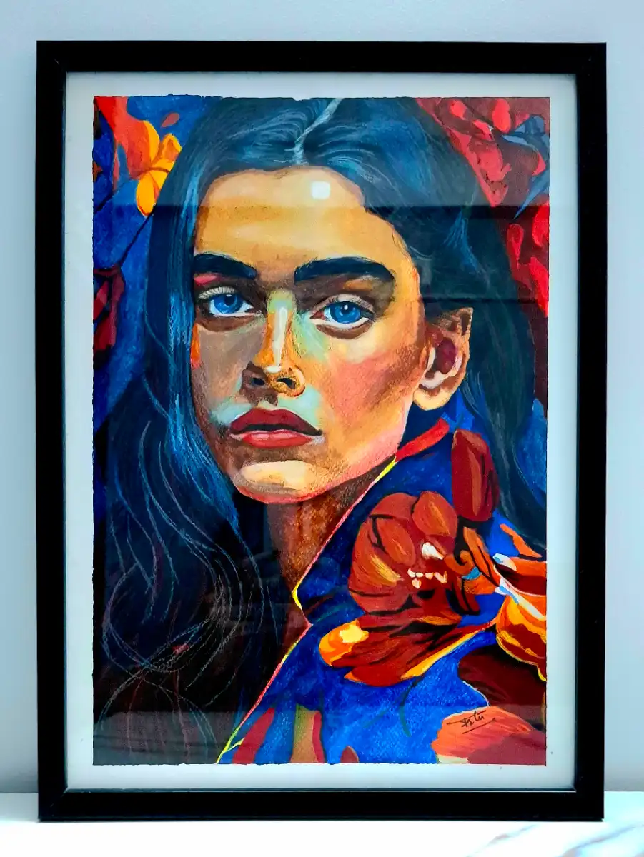 Queen in Crimson Bloom - Electric Blue Eyes & Scarlet Flowers Original Mixmedia Masterpiece (Framed)