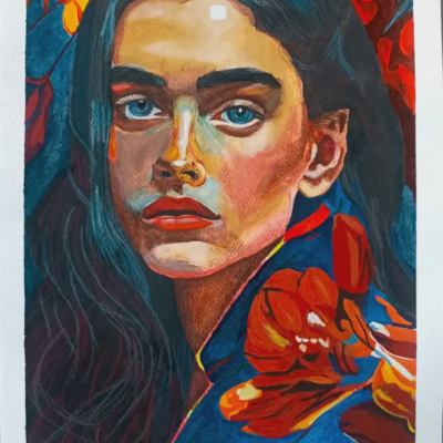 Queen in Crimson Bloom - Electric Blue Eyes & Scarlet Flowers Original Mixmedia Masterpiece (Framed)