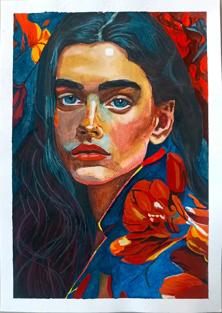 Queen in Crimson Bloom - Electric Blue Eyes & Scarlet Flowers Original Mixmedia Masterpiece (Framed)
