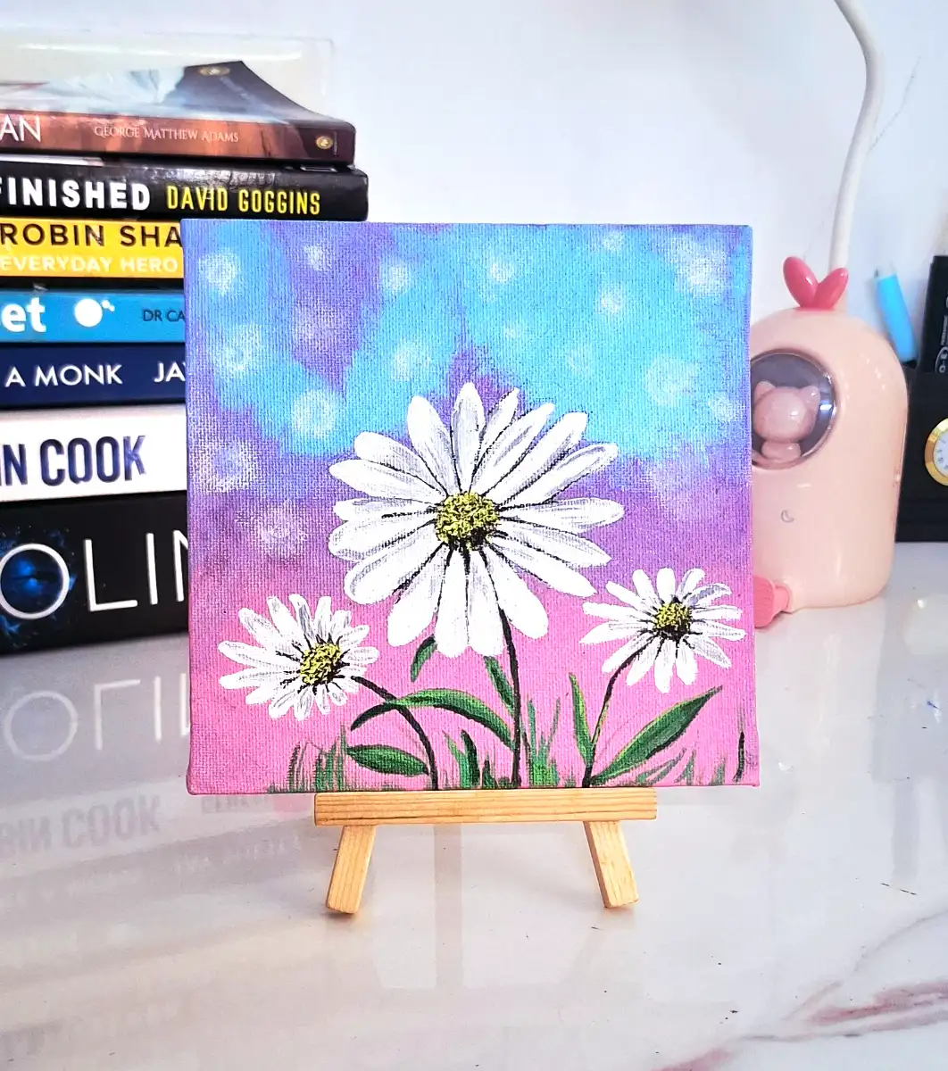 Hand-Painted Daisy Mini Canvas Painting with Wooden Stand