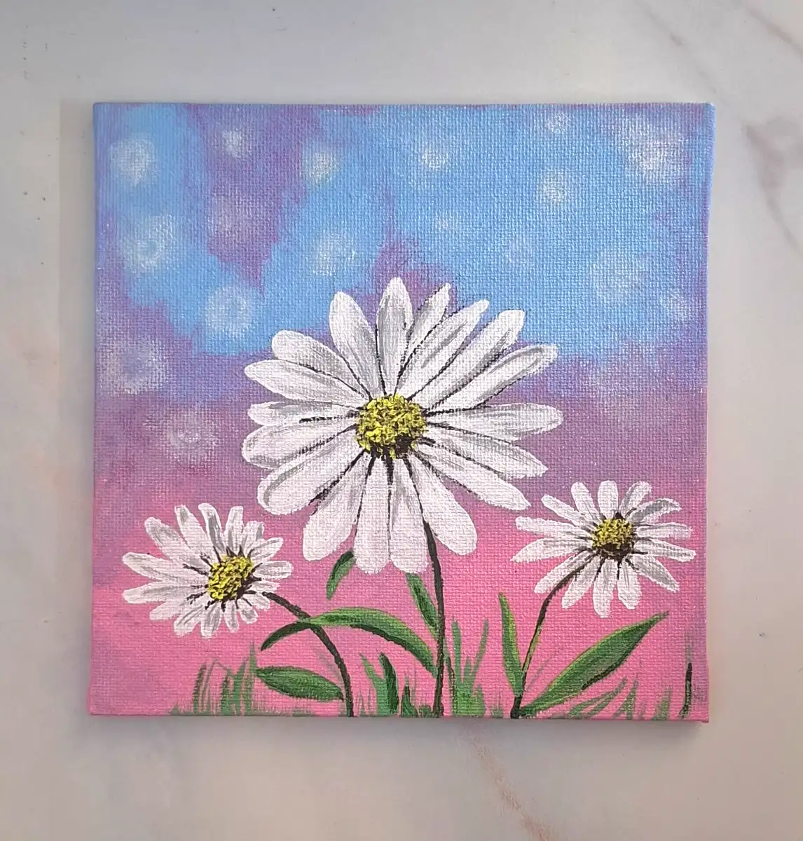 Hand-Painted Daisy Mini Canvas Painting with Wooden Stand