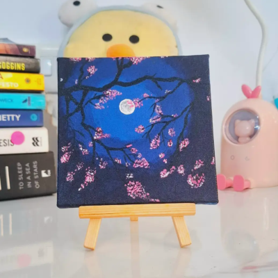 Moonlit Cherry Blossom Mini Canvas Painting with Wooden Stand