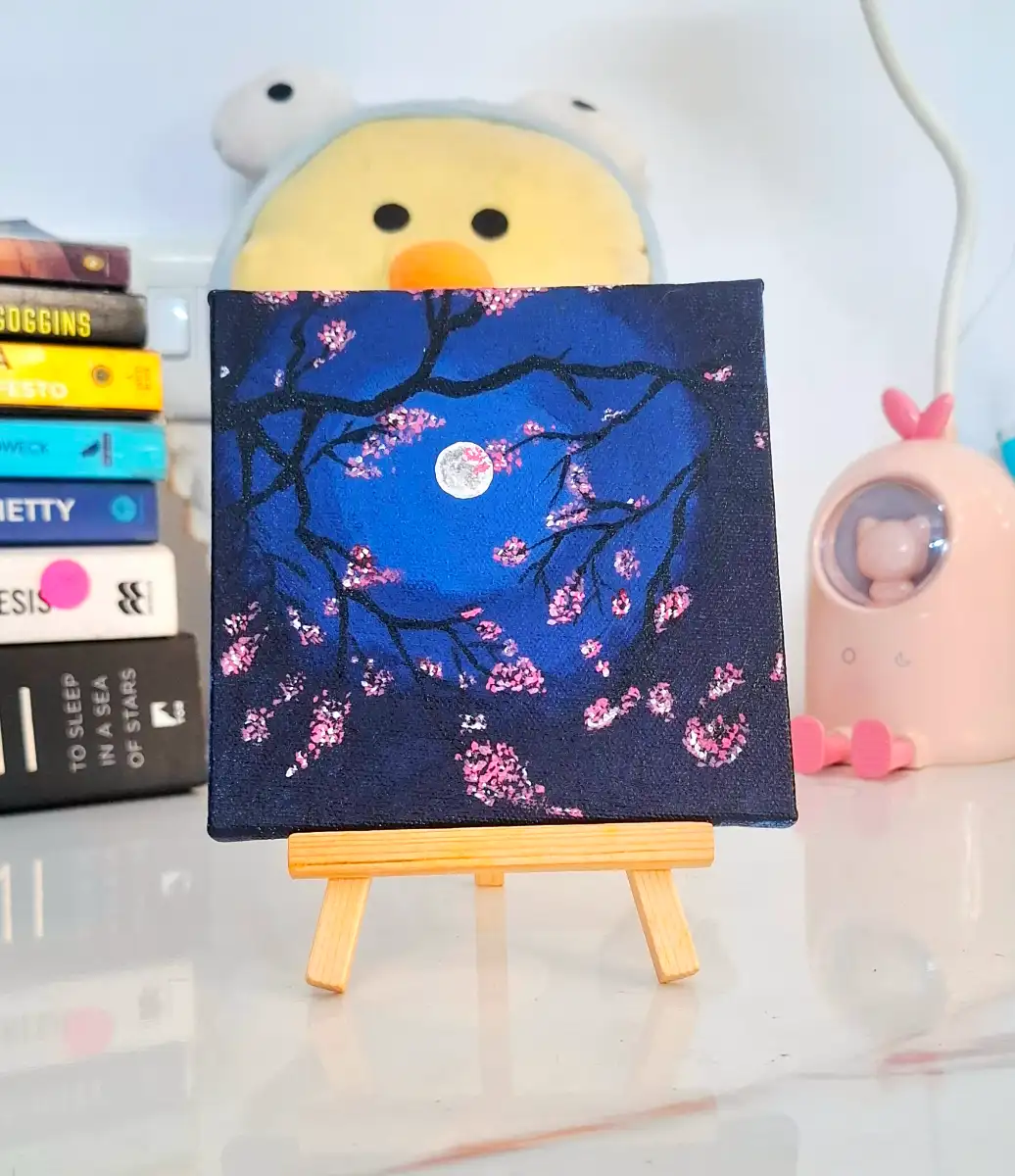Moonlit Cherry Blossom Mini Canvas Painting with Wooden Stand
