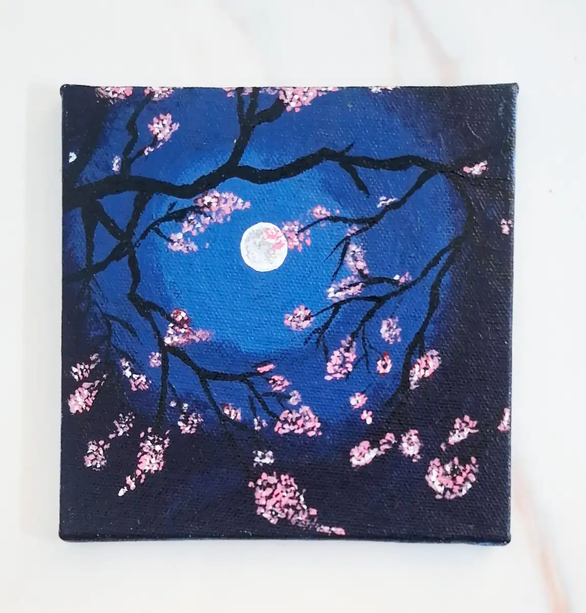 Moonlit Cherry Blossom Mini Canvas Painting with Wooden Stand