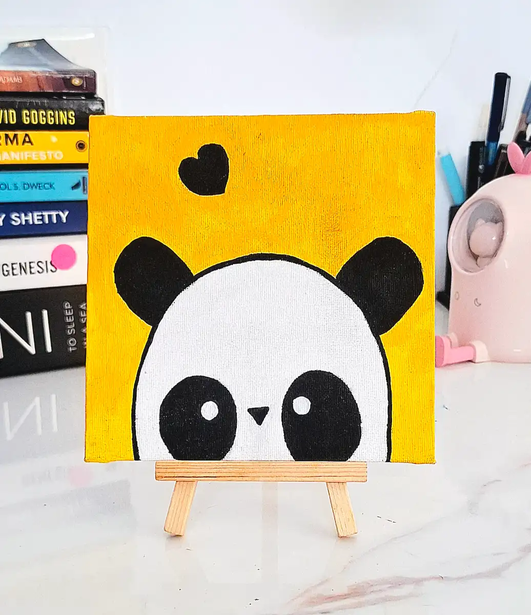 Cute Panda Original Acrylic Art with Easel - Handmade Mini Canvas Painting