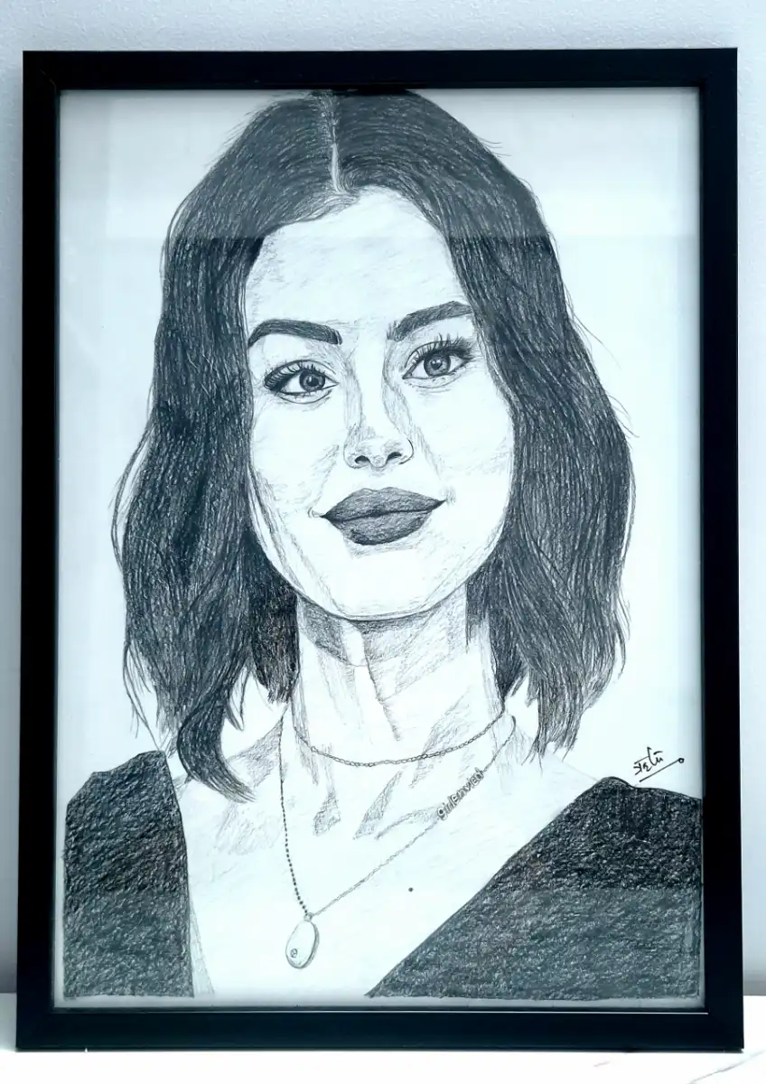 Selena Gomez Monochrome Portrait – Original Hand-Drawn Graphite Pencil Sketch | Framed Realistic Wall Art