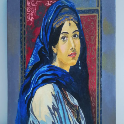 Royal Blue Veil – Regal Woman Portrait in Deep Cobalt & Gold | Original Oil Painting on Canvas