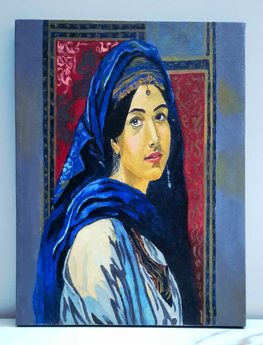 Royal Blue Veil – Regal Woman Portrait in Deep Cobalt & Gold | Original Oil Painting on Canvas