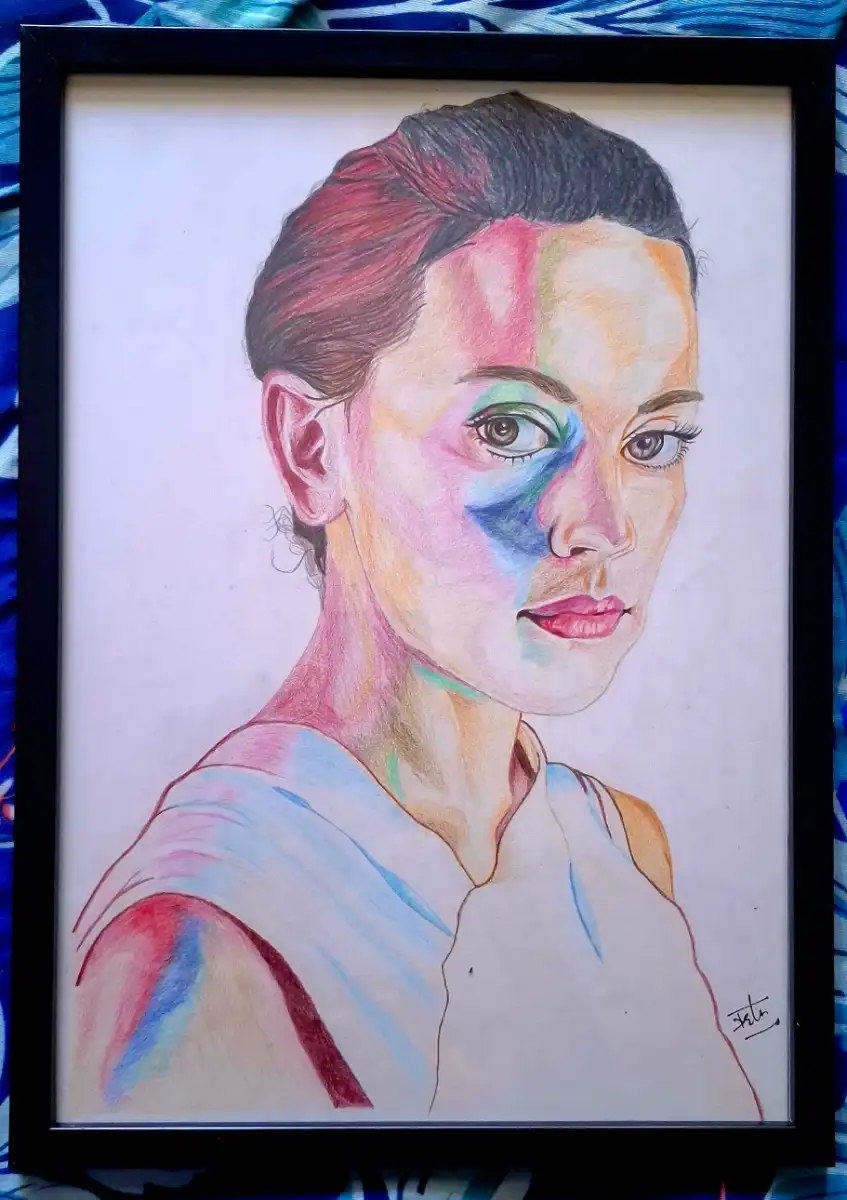 "Rainbow Soul Gaze" – Original Coloured Pencil Portrait of Enigmatic Woman | Framed Modern Wall Art