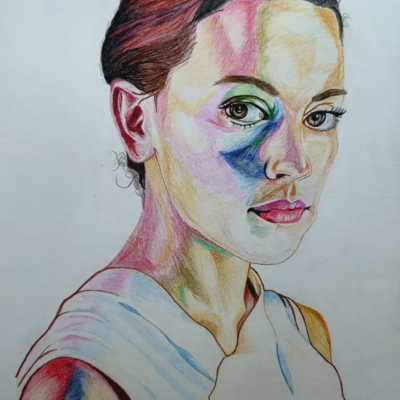 "Rainbow Soul Gaze" – Original Coloured Pencil Portrait of Enigmatic Woman | Framed Modern Wall Art