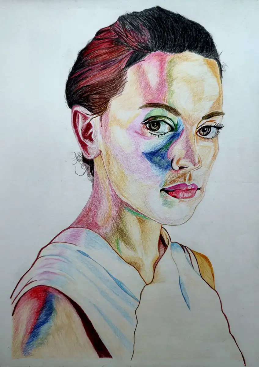 "Rainbow Soul Gaze" – Original Coloured Pencil Portrait of Enigmatic Woman | Framed Modern Wall Art