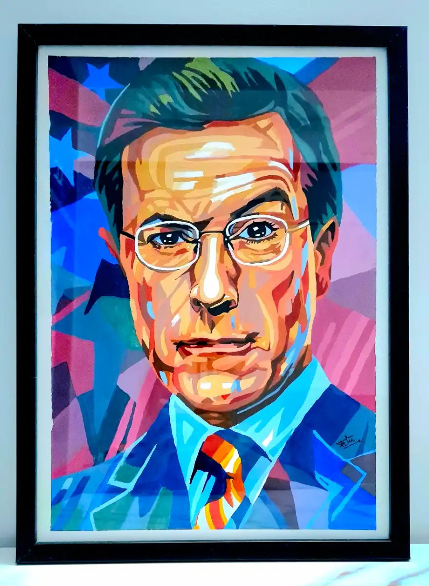 Sophisticated Statesman in Electric Blues & Crimson – Original Pop Art | Framed Modern Wall Decor