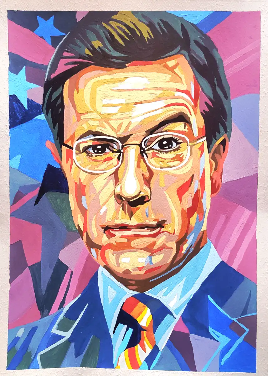 Sophisticated Statesman in Electric Blues & Crimson – Original Pop Art | Framed Modern Wall Decor