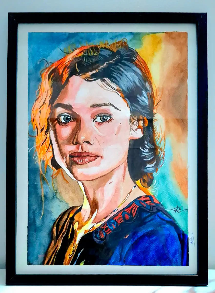 "Fiery Muse in Sapphire Glow" – Original Watercolor Portrait of Enigmatic Woman | Framed Ethereal Wall Art