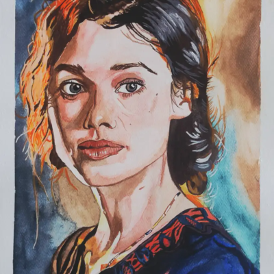 "Fiery Muse in Sapphire Glow" – Original Watercolor Portrait of Enigmatic Woman | Framed Ethereal Wall Art