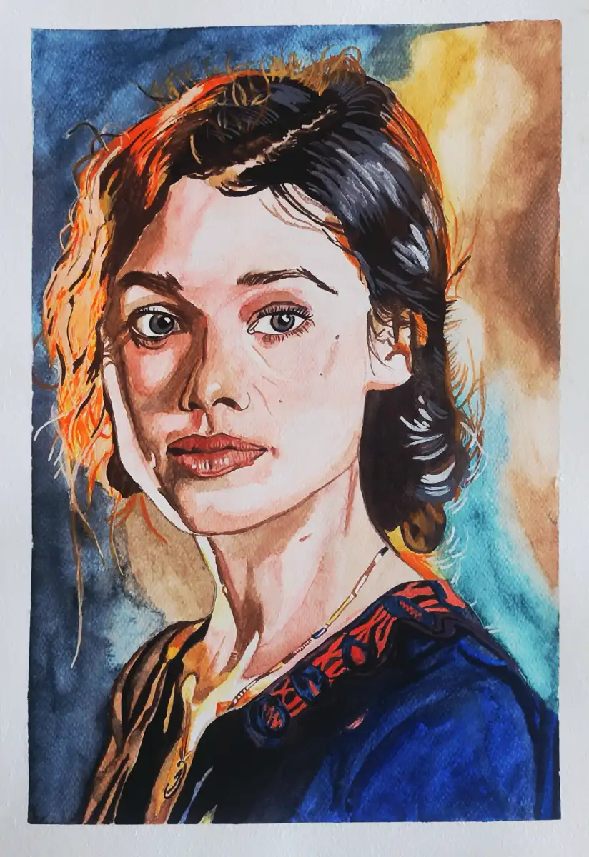 "Fiery Muse in Sapphire Glow" – Original Watercolor Portrait of Enigmatic Woman | Framed Ethereal Wall Art