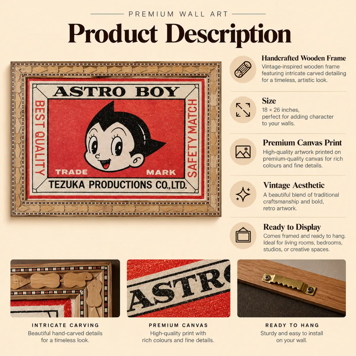 Astro Boy retro matchbox poster with crafted wooden frame.