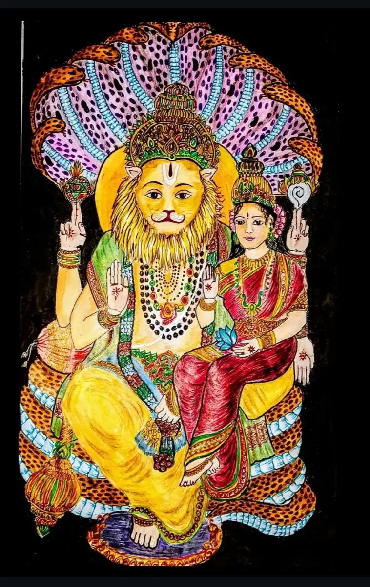 Lakshmi Narasimha Swamy with Lakshmi Devi – Hand-Painted Artwork with Frame