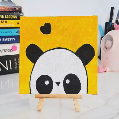 Cute Panda Original Acrylic Art with Easel - Handmade Mini Canvas Painting